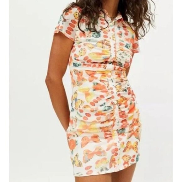 Urban Outfitters Y2K Riko Mesh Orange Butterfly Mini Dress Size M Ruched Button - Picture 1 of 14